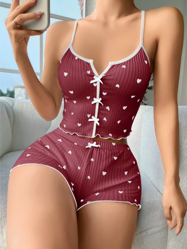 ZARVIA Kalp Desenli Crop Şort Pijama Takımı %100 Pamuk Kahverengi