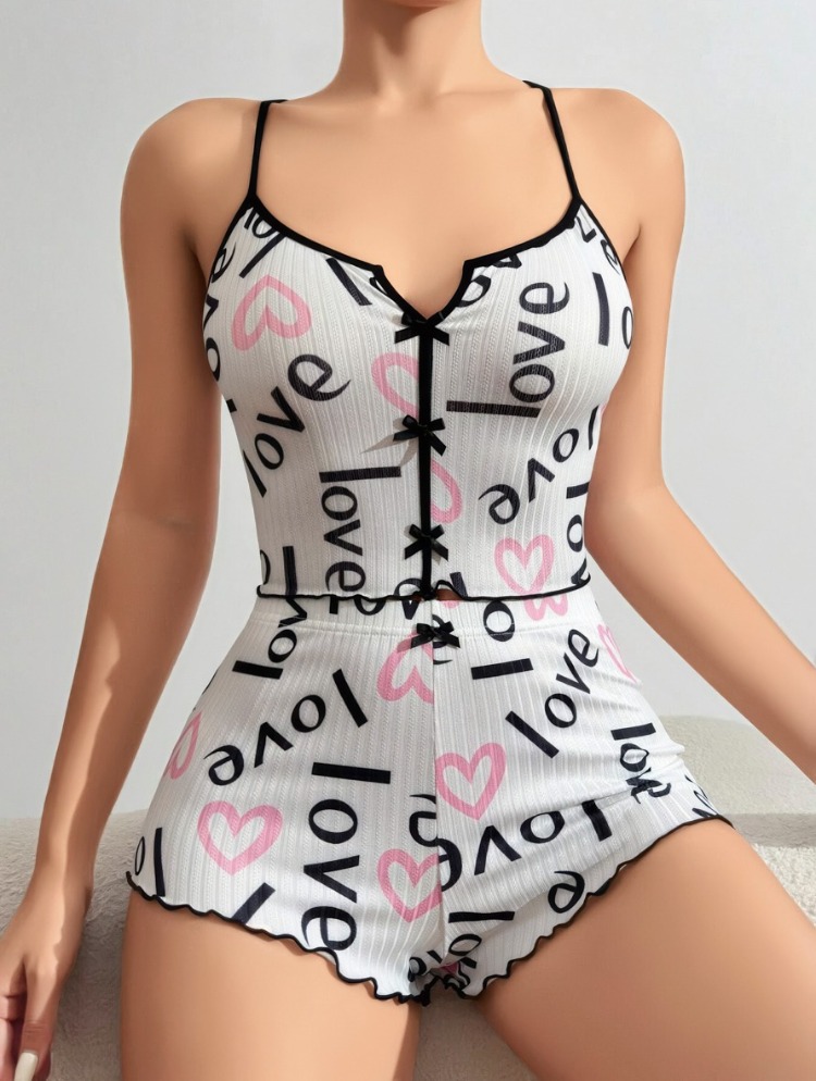 ZARVIA Love Kalp Baskılı Crop Şort Pijama Takımı %100 Pamuk Beyaz 