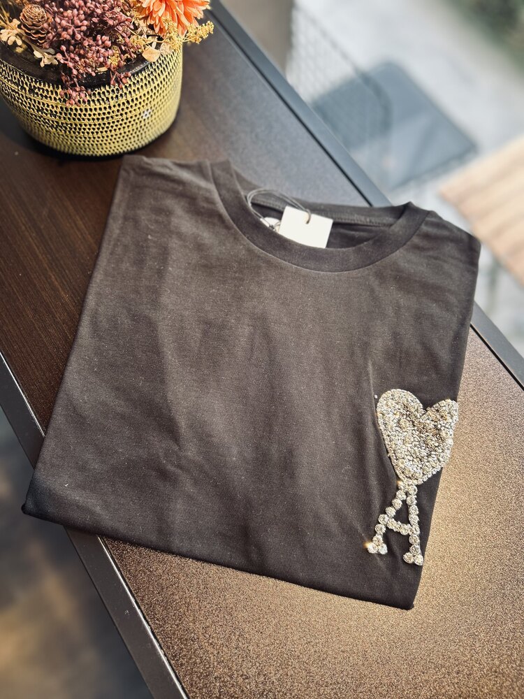 Taşlı A Marka T-Shirt - Siyah