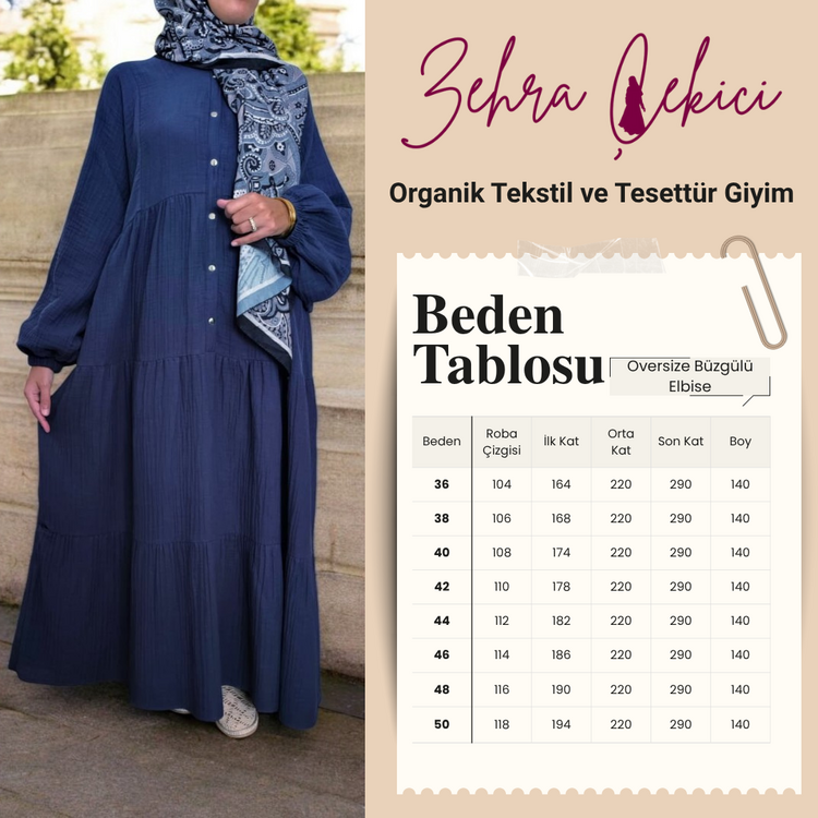 Organik Müslin Oversize (Bol) Büzgülü Elbise Lacivert 36-50 Beden