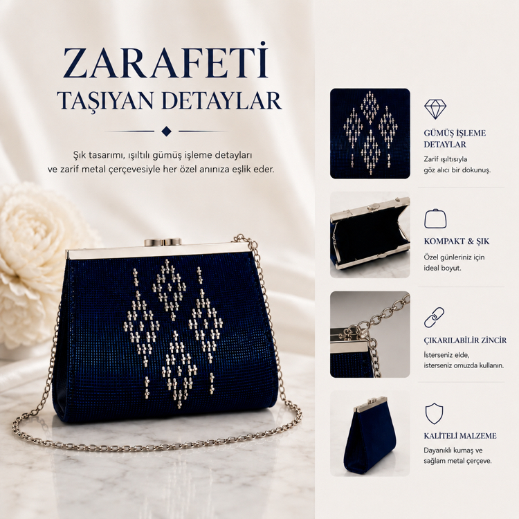 Özel Tasarım Lacivert Gerçek Gümüş İşlemeli Tel Kırma Cüzdan
