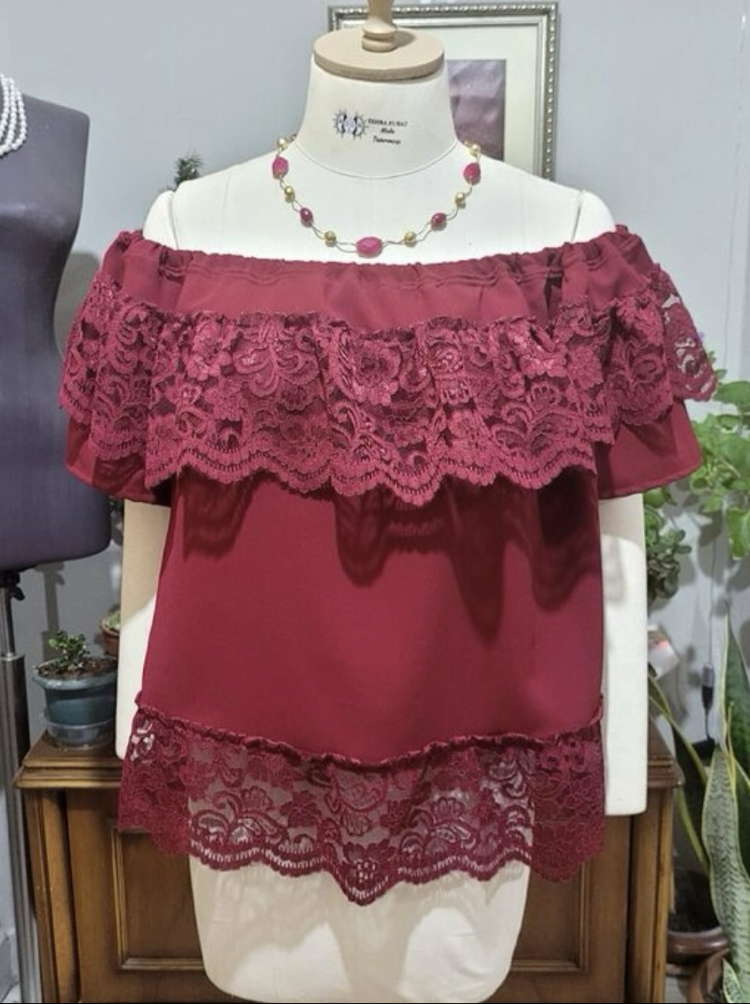 STD/Madonna Bordo Dantel Detaylı Bohem Bluz