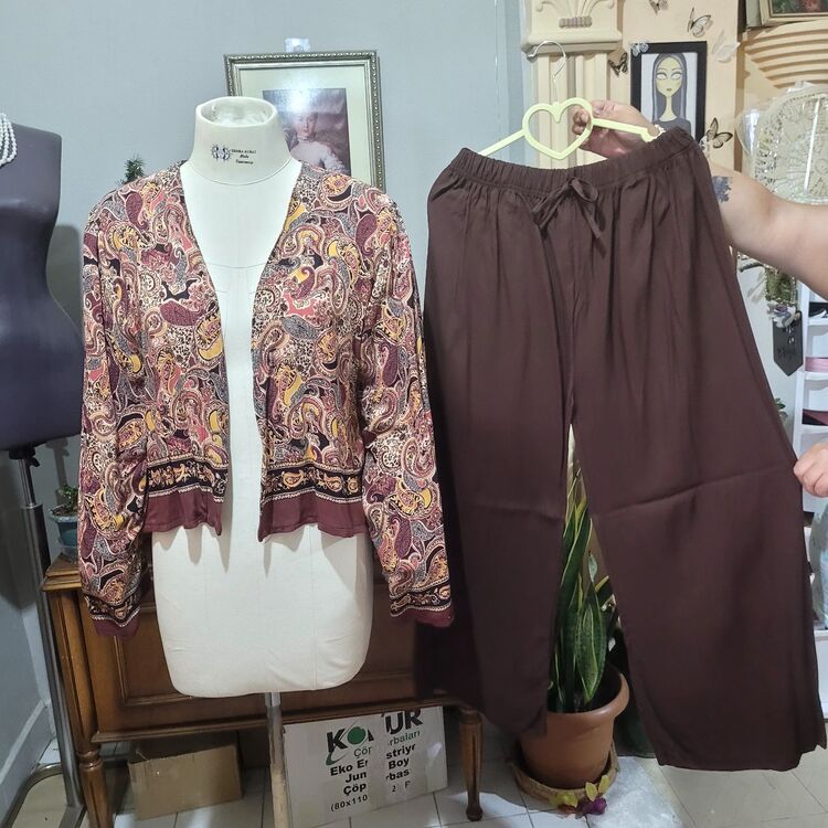 STD/Kahverengi Etnik Desenli Kimono Takım