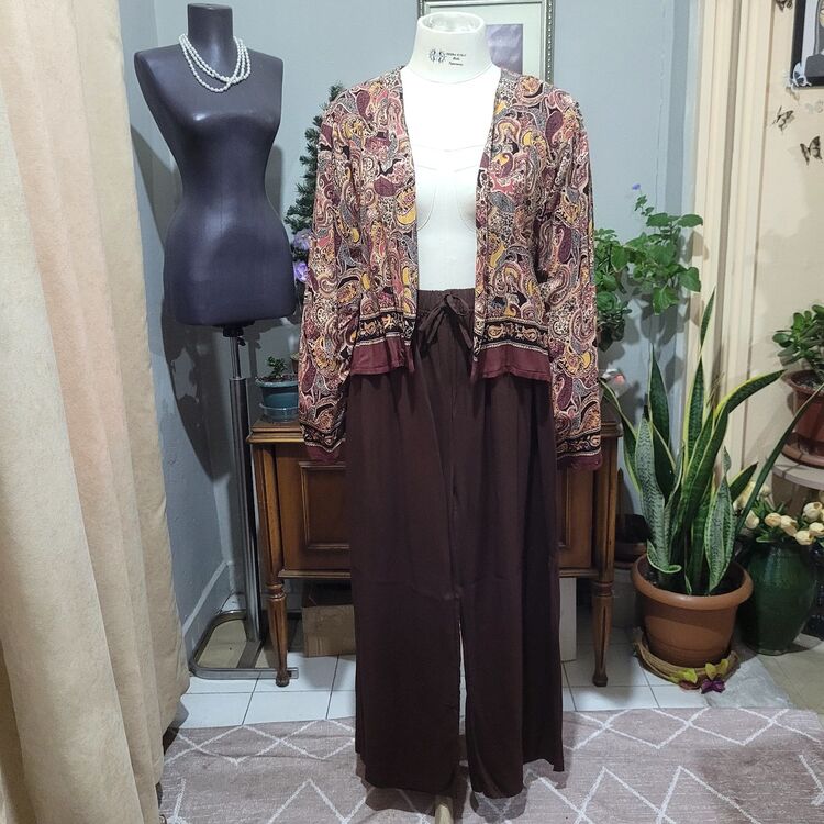 STD/Kahverengi Etnik Desenli Kimono Takım