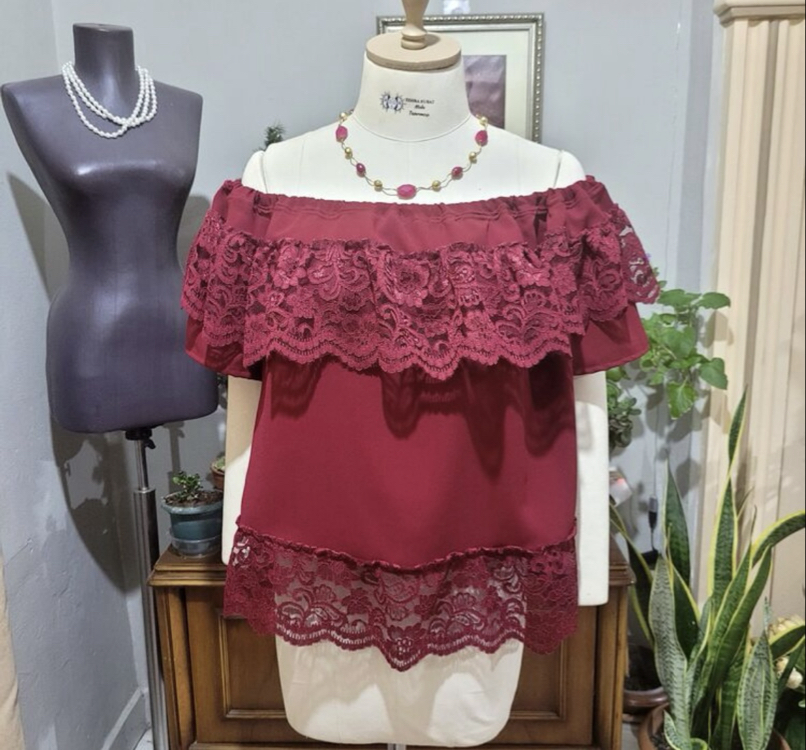 STD/Madonna Bordo Dantel Detaylı Bohem Bluz