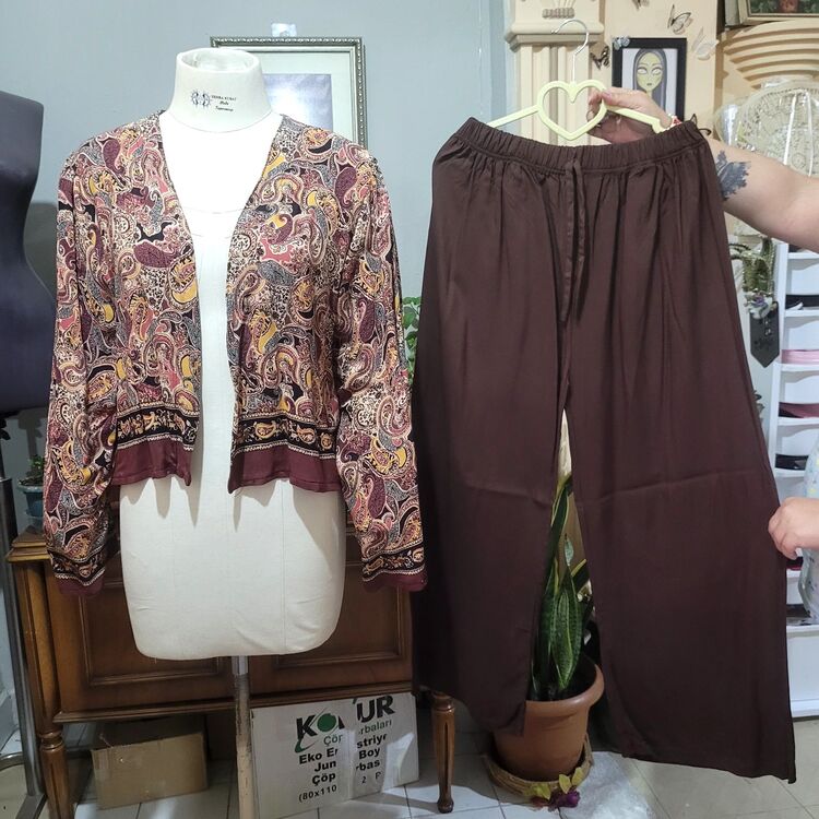 STD/Kahverengi Etnik Desenli Kimono Takım