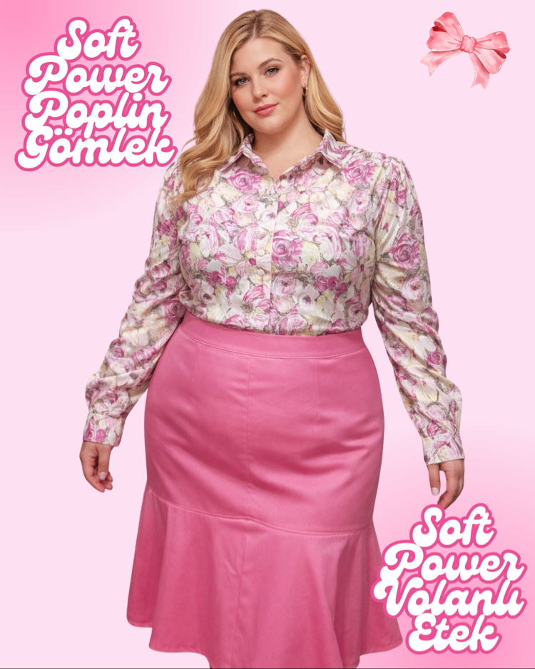 Soft Power Pastel Pembe Volanlı Midi Etek
