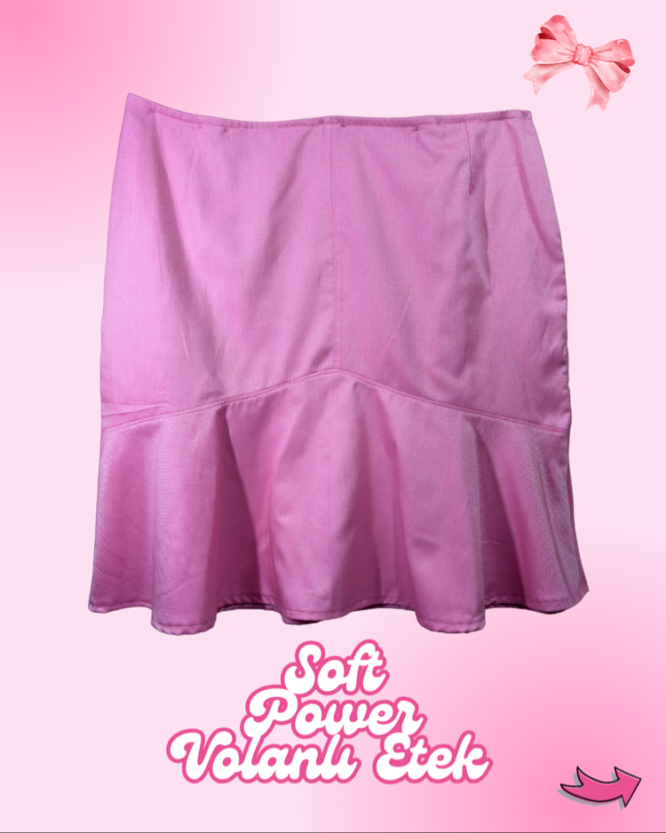 Soft Power Pastel Pembe Volanlı Midi Etek
