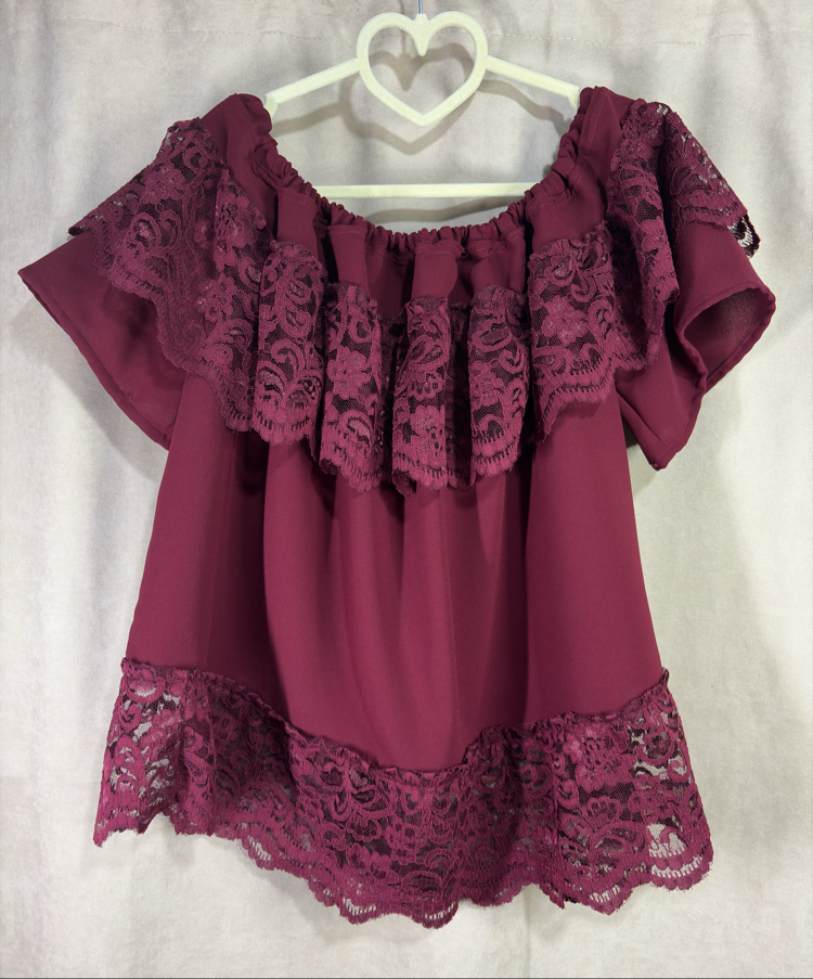 STD/Madonna Bordo Dantel Detaylı Bohem Bluz