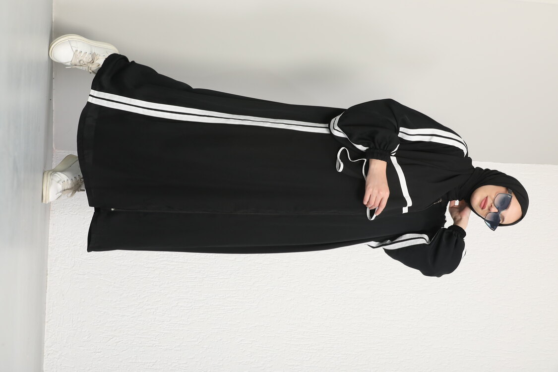 Şeritli abaya şalı ile takım lastikli kol