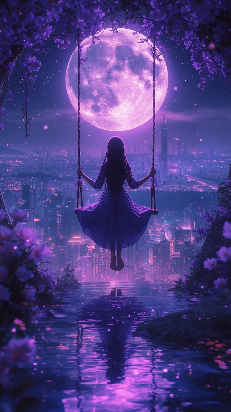 tahta bir salıncakta oturan yalnız bir anime kadın