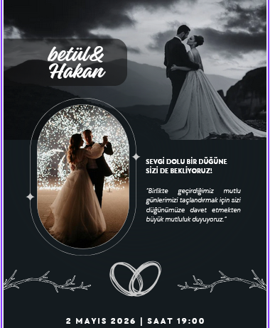Siyah ve Beyaz Havalı Düğün ve Evlilik Davetiye