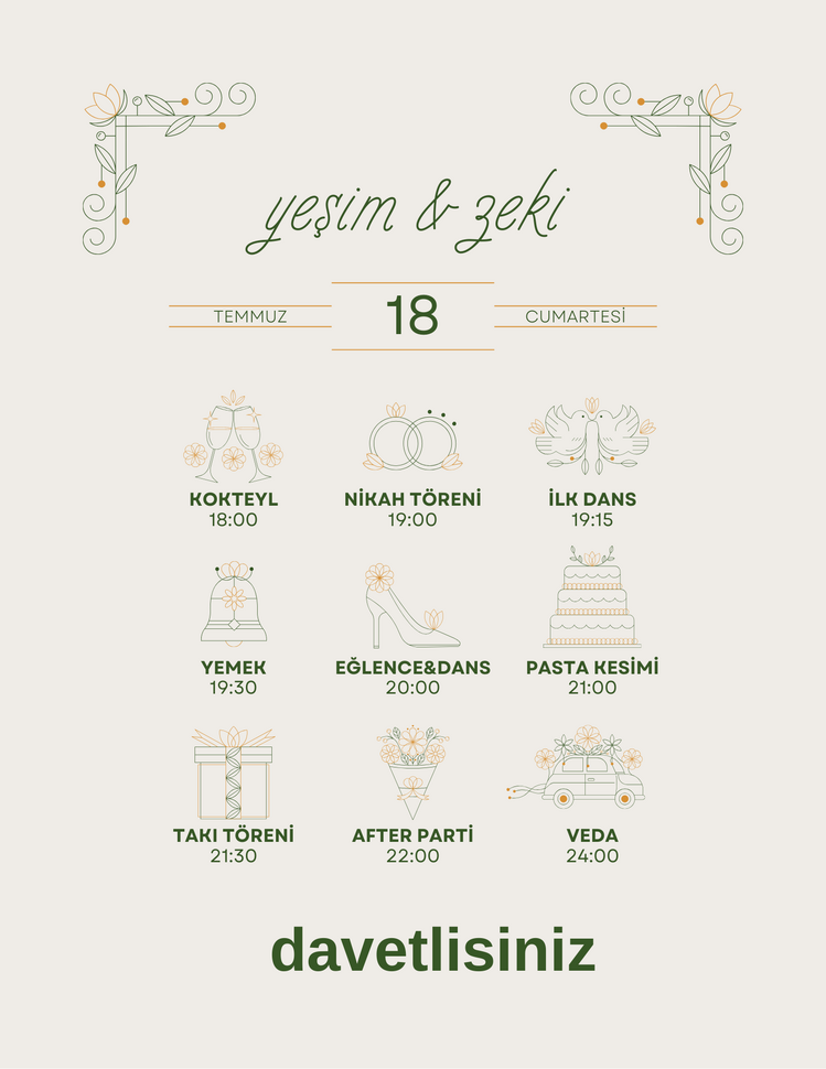 Yeşil ve Bej Çiçekli Düğün Zaman Çizelgesi Planlayıcısı