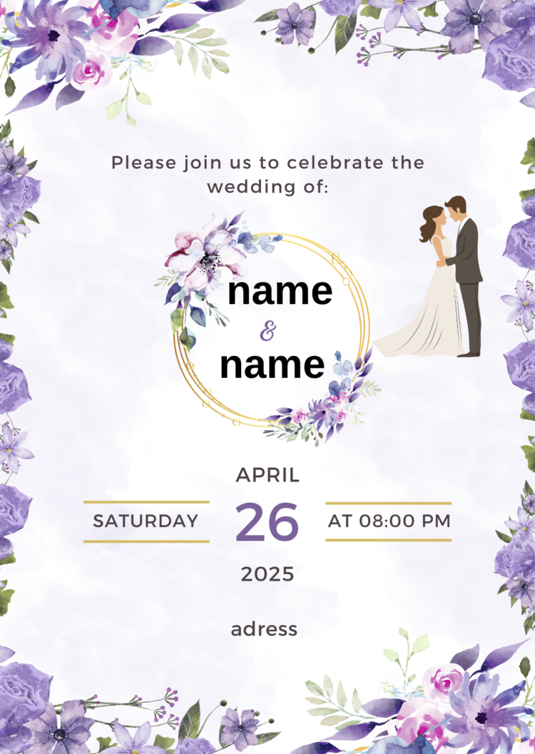Purple Gold Aesthetic Watercolor Flower Wedding Invite