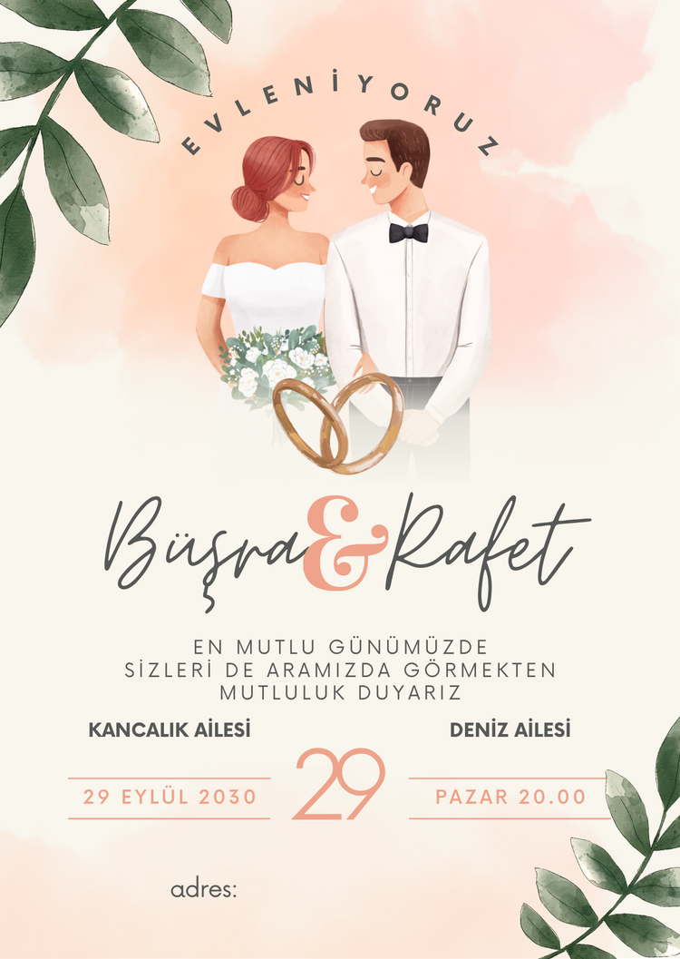 Krem ve Yeşil İllüstrasyon Dikey Düğün Davetiye