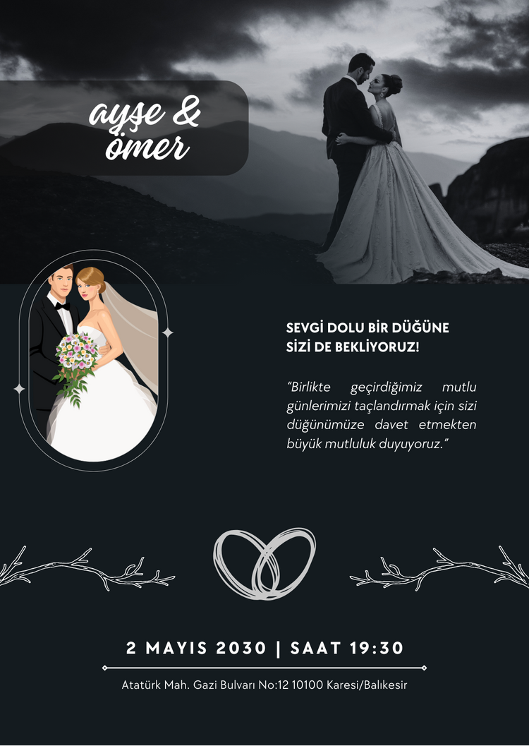 Siyah ve Beyaz Havalı Düğün ve Evlilik Davetiye