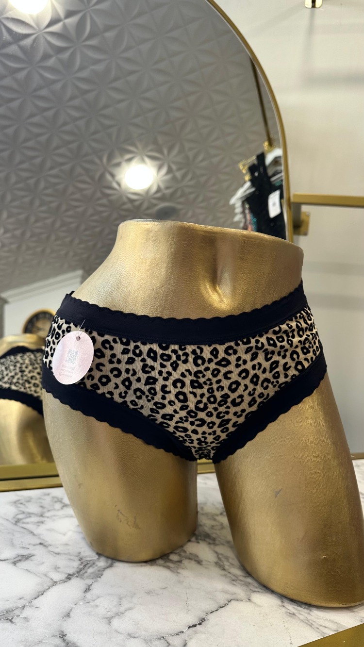 Kahverengi Leopar Desenli Siyah Biyeli Hipster Külot