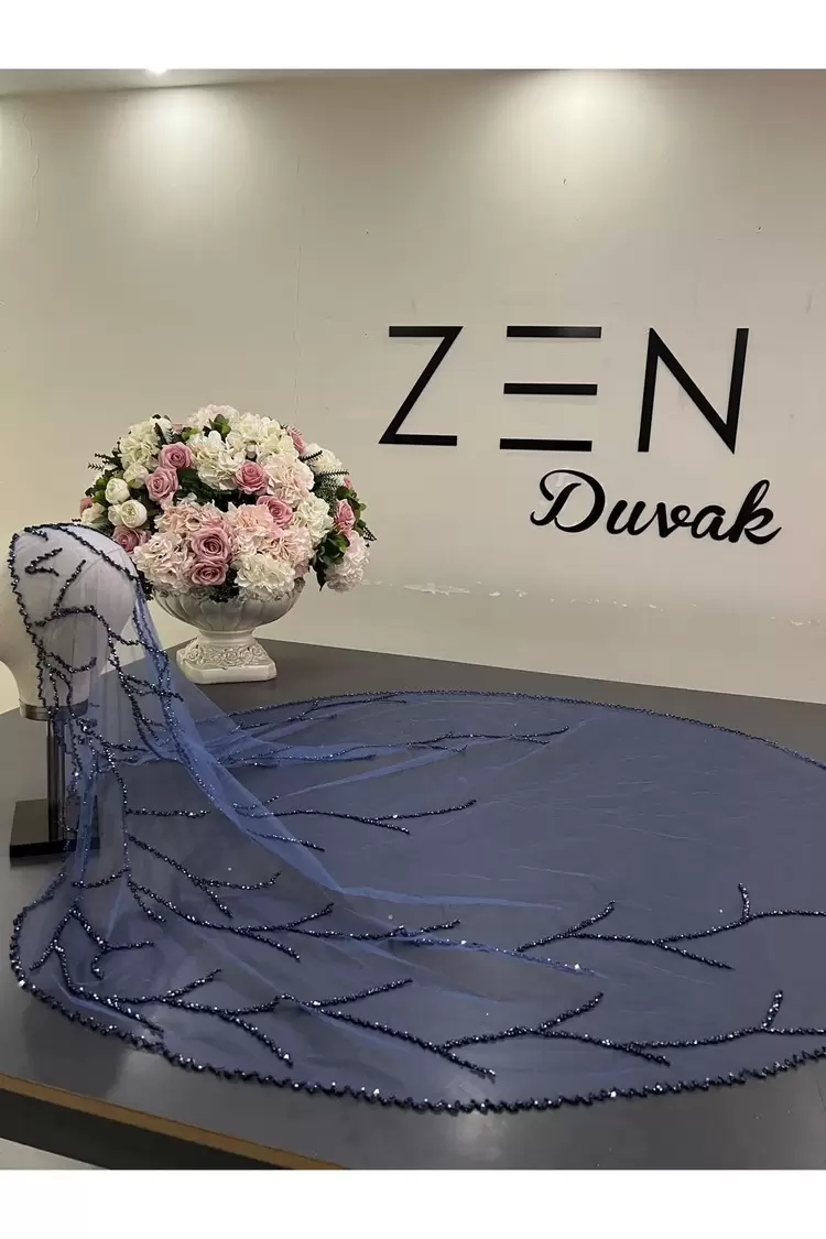 İndigo nakışlı dal model gelin duvağı