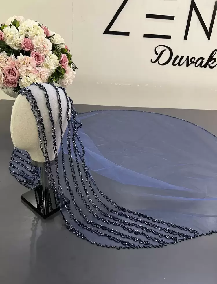 İndigo nakışlı gelin duvağı