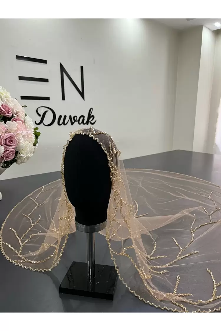 Gold nakışlı dal model gelin duvağı