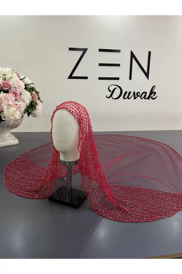 Bordo nakışlı gelin duvağı