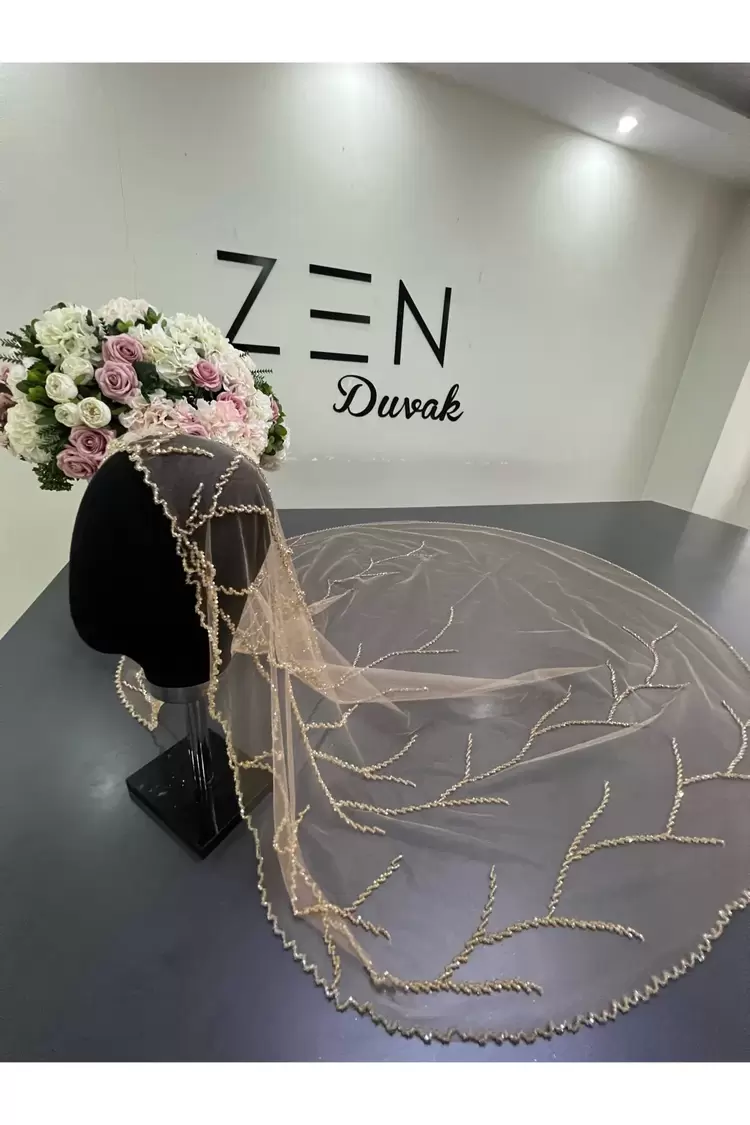 Gold nakışlı dal model gelin duvağı