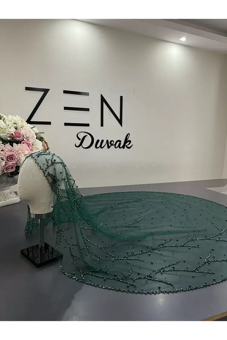 Yeşil inci nakışlı dal model gelin duvağı