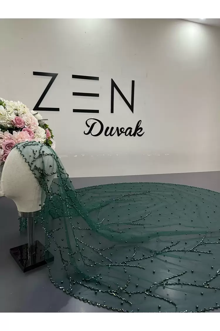 Yeşil inci nakışlı dal model gelin duvağı
