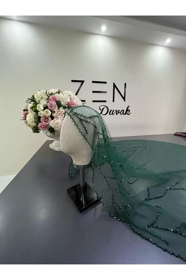 Zümrüt yeşili dal model gelin duvağı