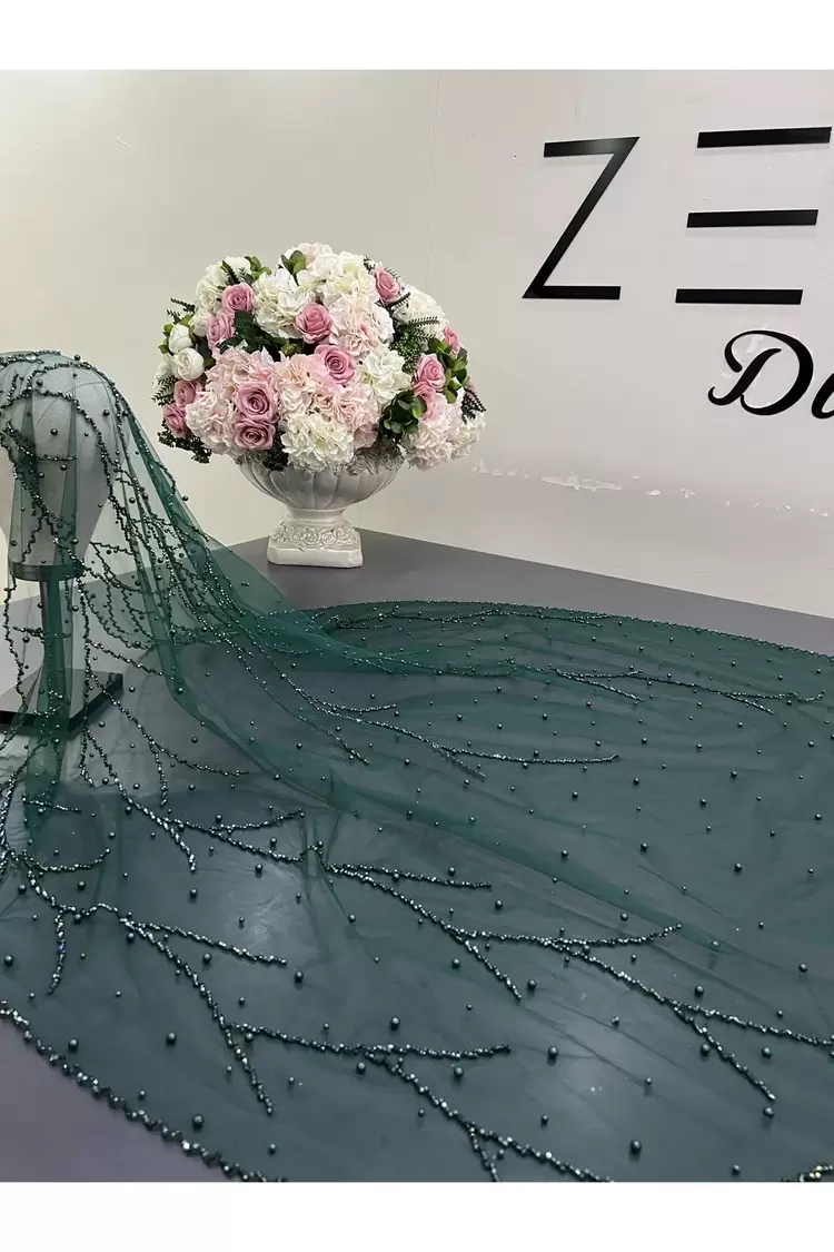 Yeşil inci nakışlı dal model gelin duvağı