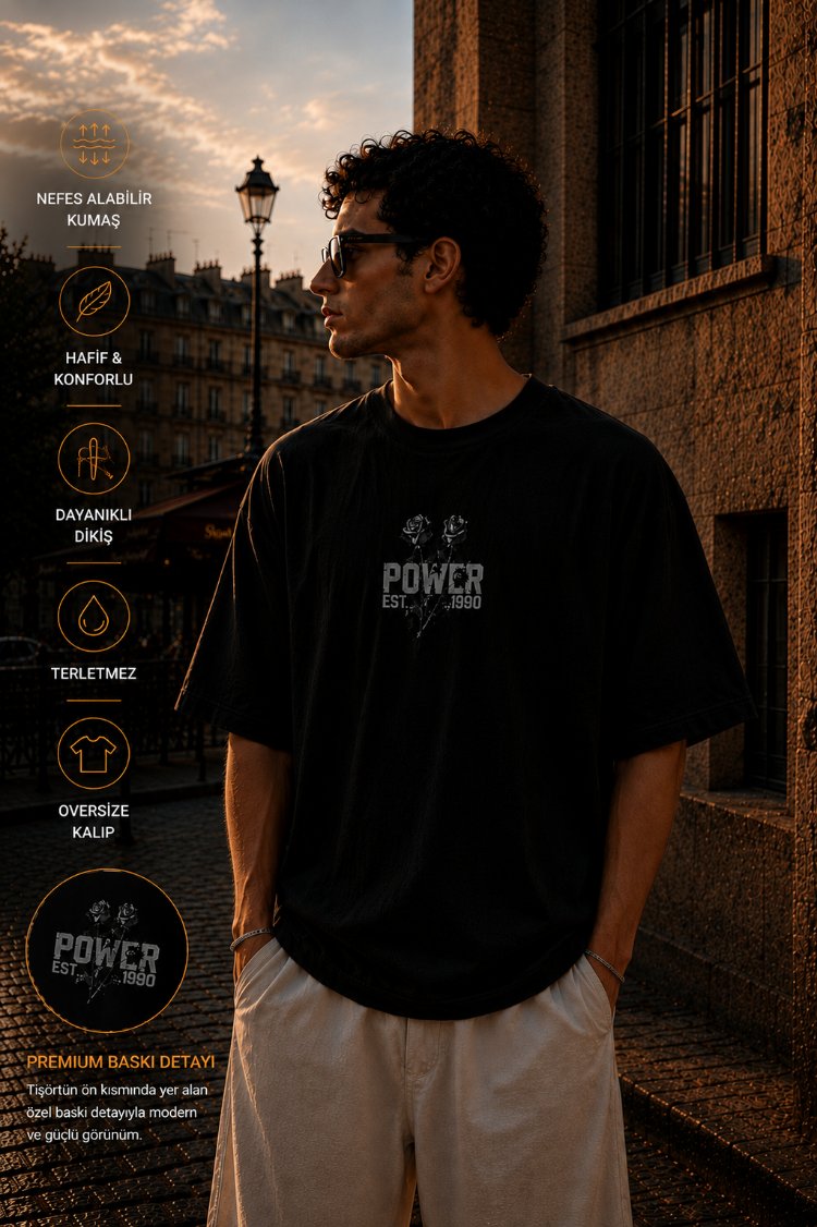 POWER Gül Baskılı Oversize Tişört