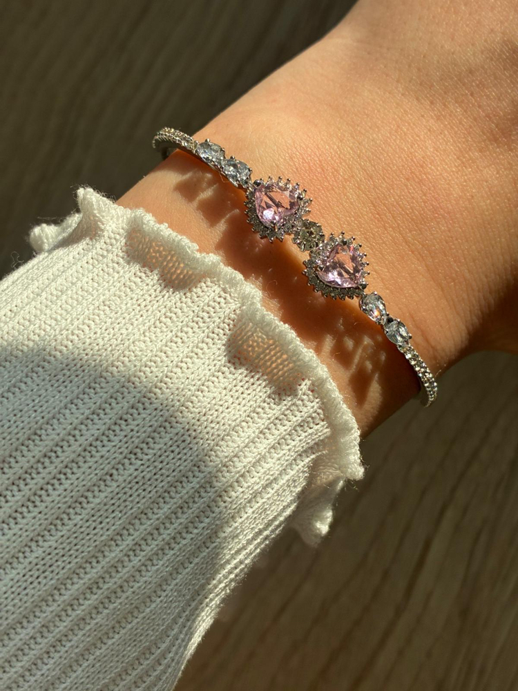 Kalp Taşlı Pembe Silver Kelepçe