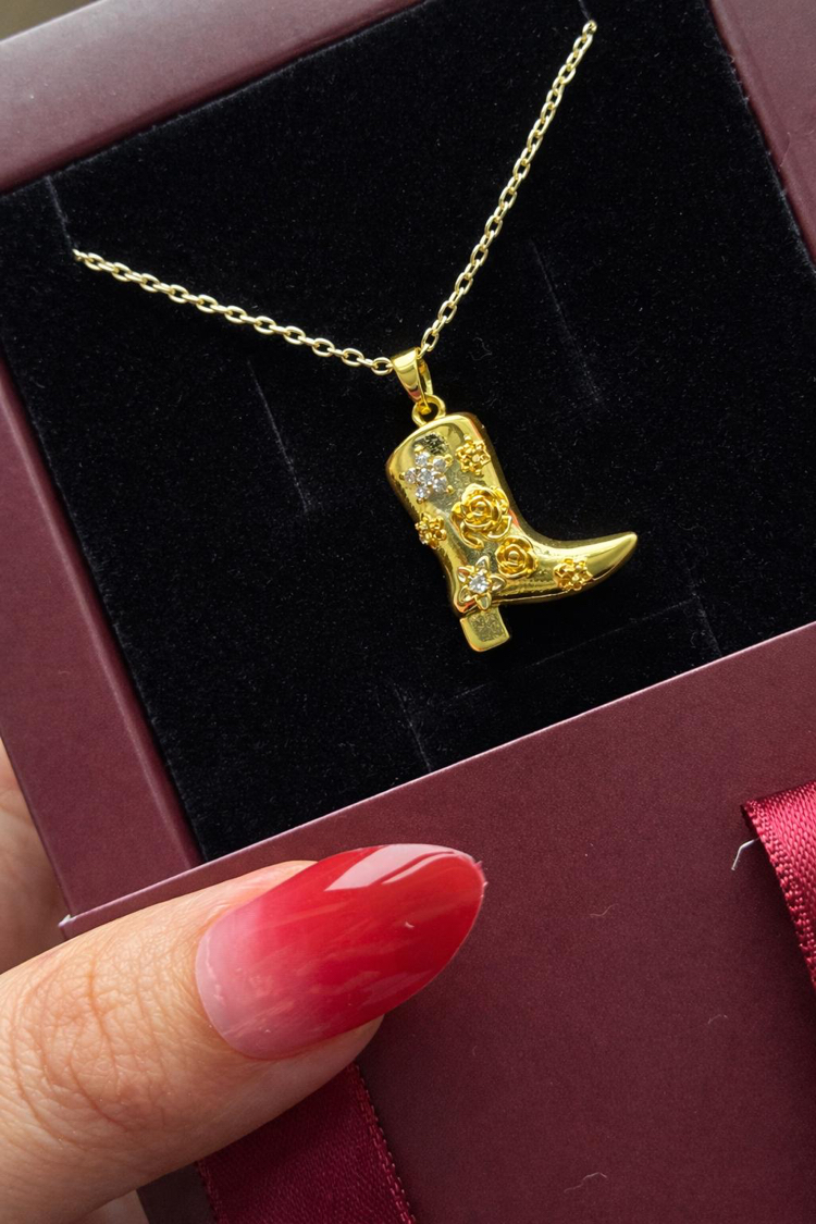 Çelik | Çiçekli Çizme Gold Kolye 