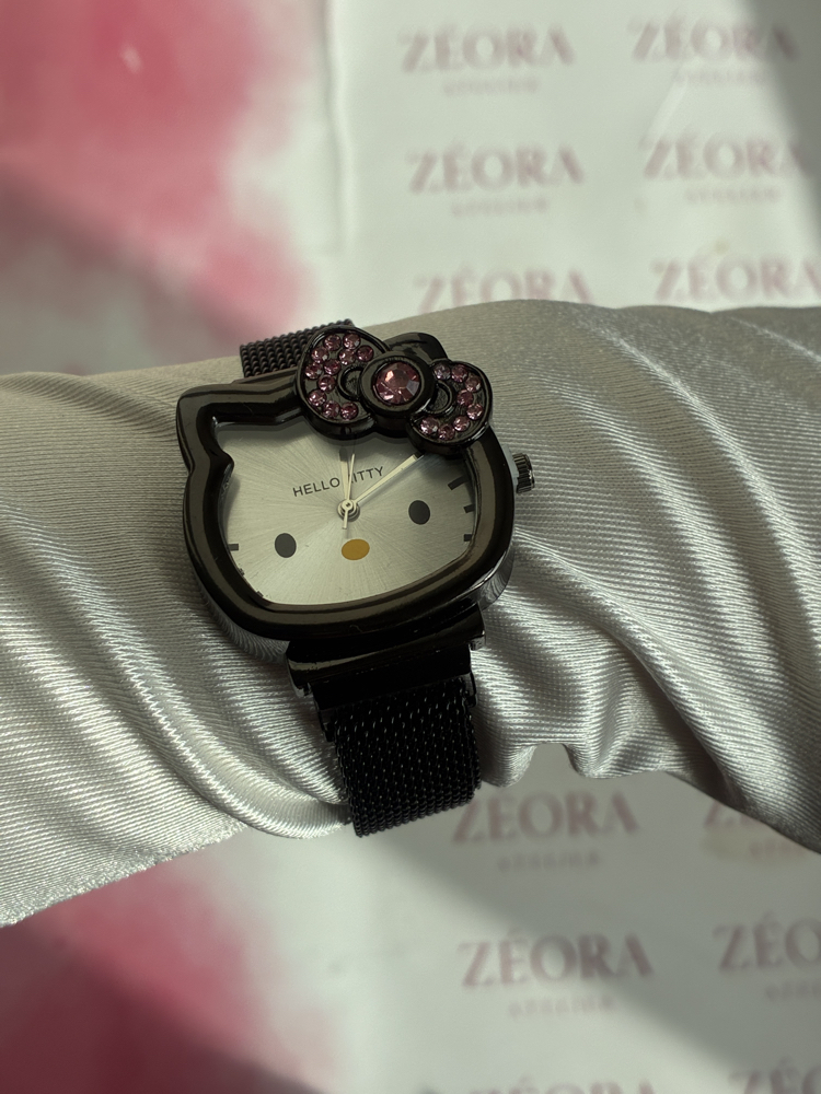 Hello Kitty Siyah Çelik Kasa Mıknatıslı Kadın Saat