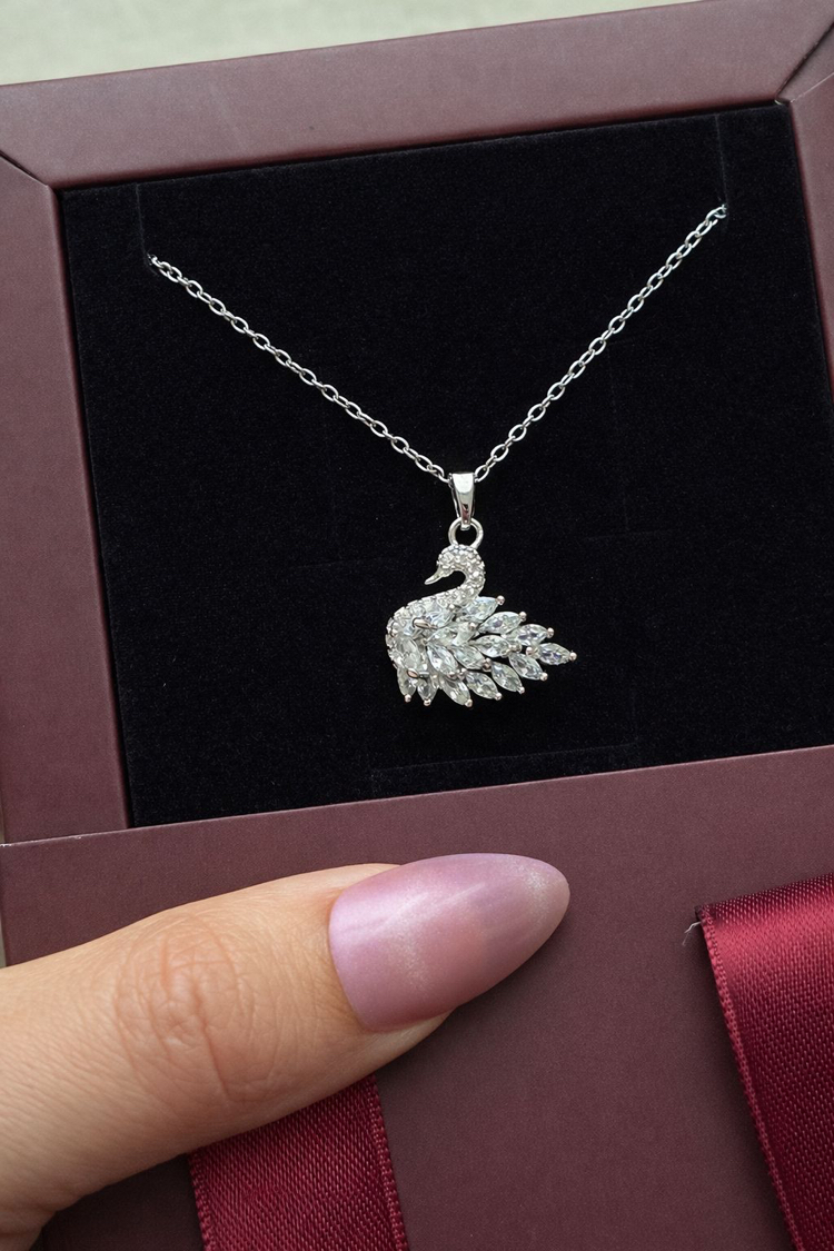 Çelik | Beyaz Taşlı Silver Kuğu Kolye