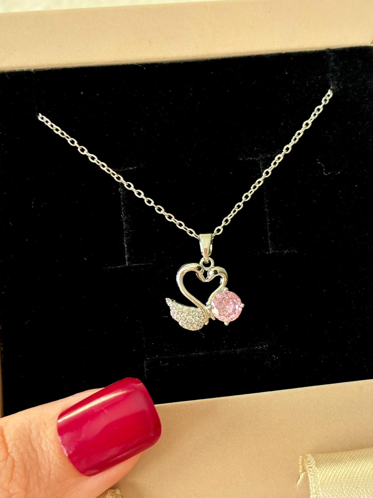 Çelik | Pembe Işıltı Kalp Kuğu Kolye Silver