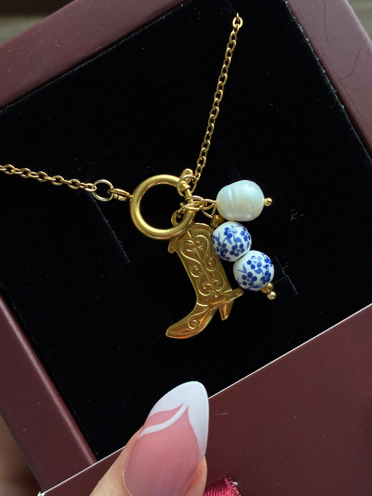 Çelik Gold çizme boncuklu kolye