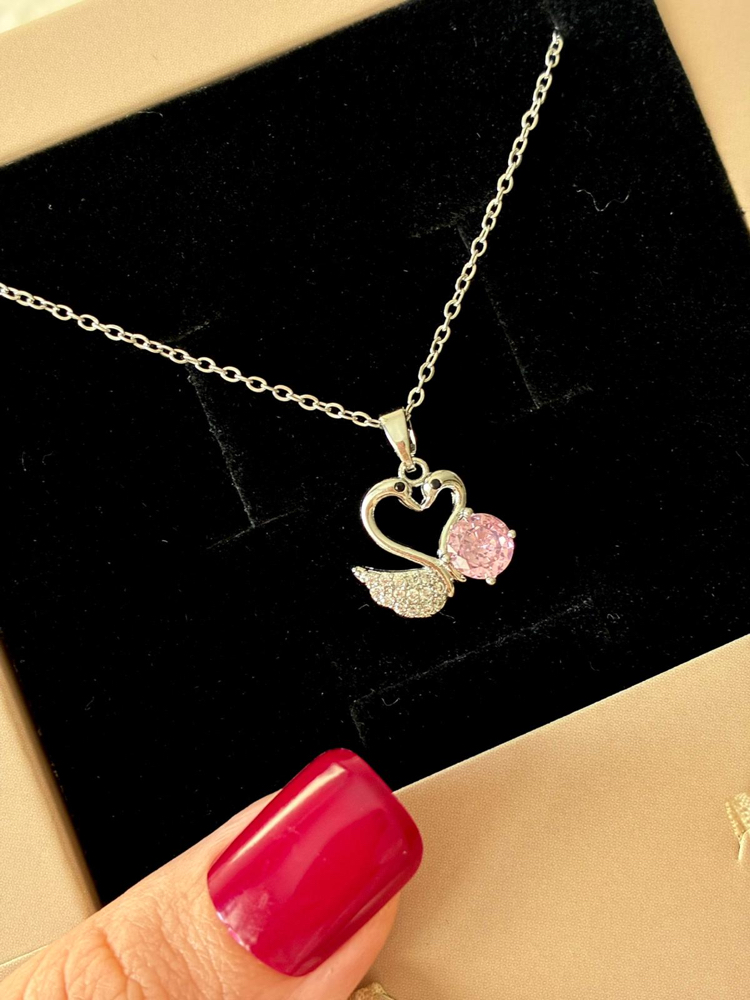 Çelik | Pembe Işıltı Kalp Kuğu Kolye Silver