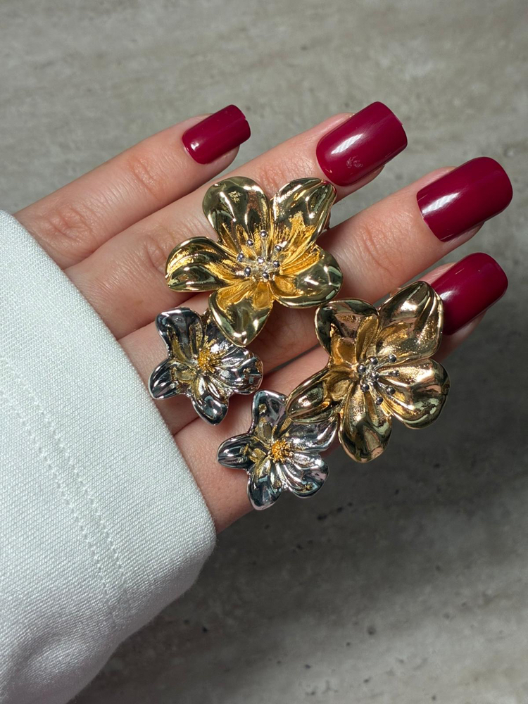 Gold -Silver Çiçek Küpe
