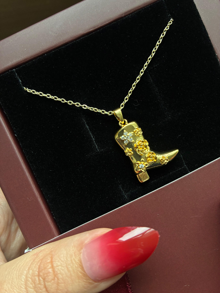 Çelik | Çiçekli Çizme Gold Kolye 