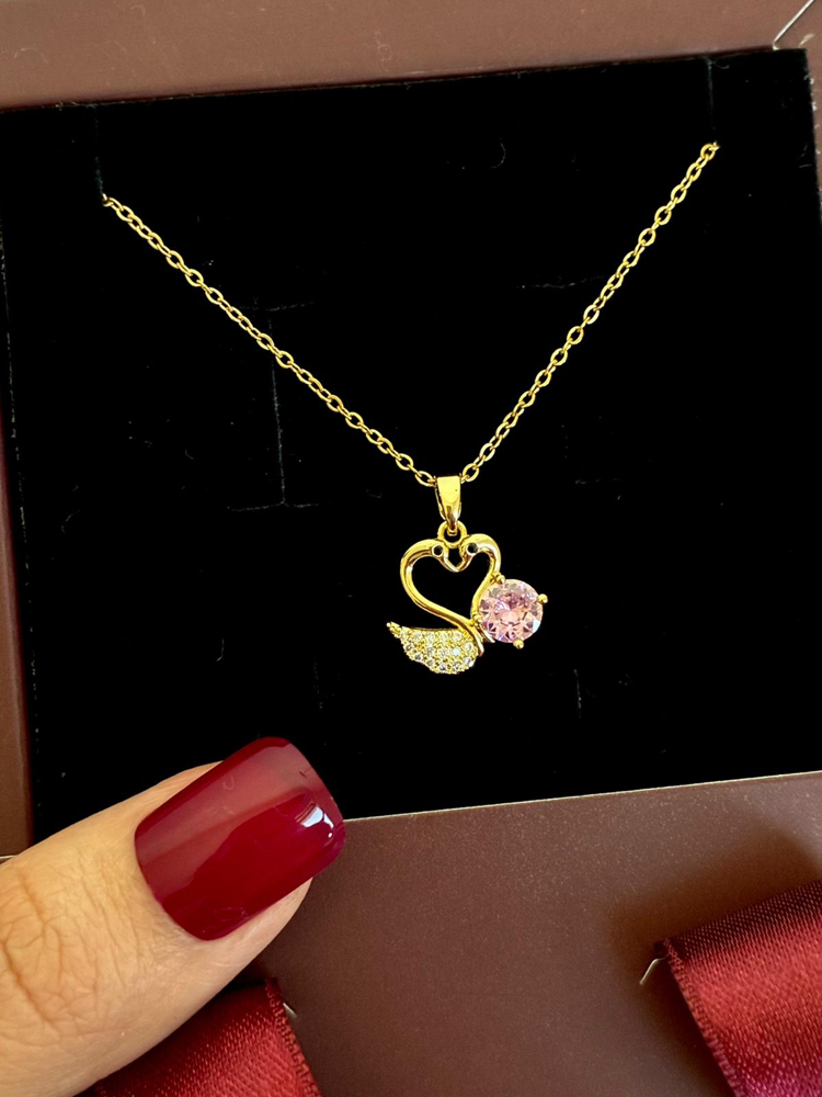 Çelik | Pembe Işıltı Kalp Kuğu Kolye