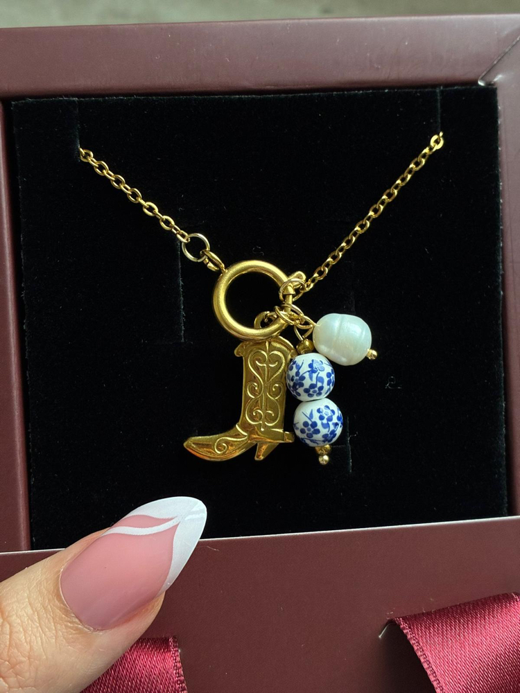 Çelik Gold çizme boncuklu kolye