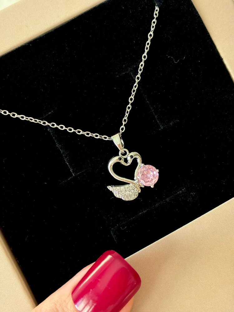 Çelik | Pembe Işıltı Kalp Kuğu Kolye Silver