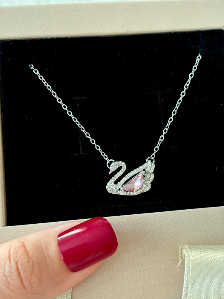 Çelik |Pembe Taşlı Silver Kuğu Kolye