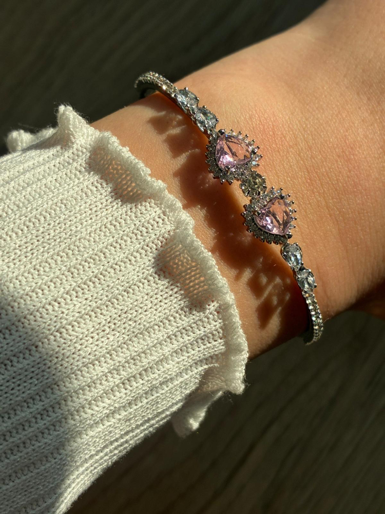 Kalp Taşlı Pembe Silver Kelepçe