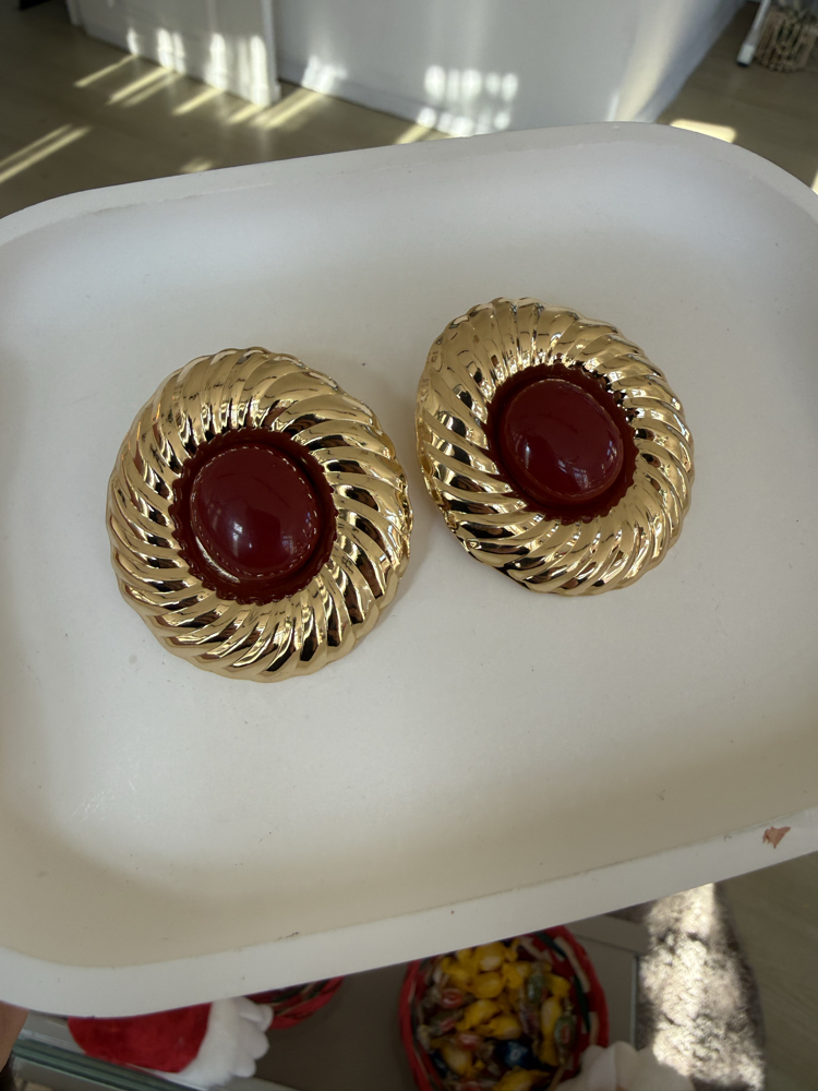 Bordo-Gold Yuvarlak Küpe