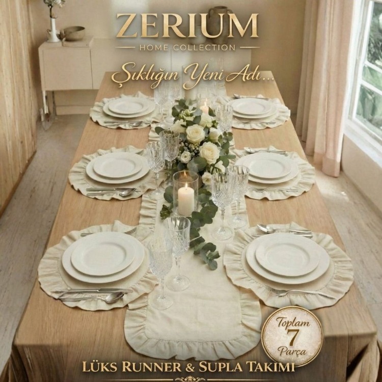 Premıum Fırfırlı Keten 7’li Runner ve Supla Şık Sofra & Sunum Çeyiz Seti – 20252001302