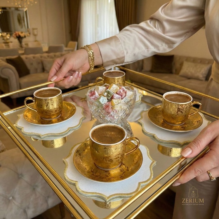 Premium 6’lı Kokteyl ve Kahve Altı Sunum Peçetesi Gold Nakış Serisi - 20252001292