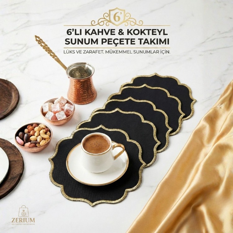 Premium 6’lı Kokteyl ve Kahve Altı Sunum Peçetesi Black Gold Serisi - 20252001299