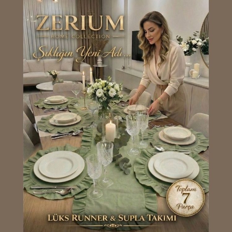 Fırfırlı Ham Keten 7’li Runner ve Supla Şık Sofra & Sunum Çeyiz Seti - 20252001304